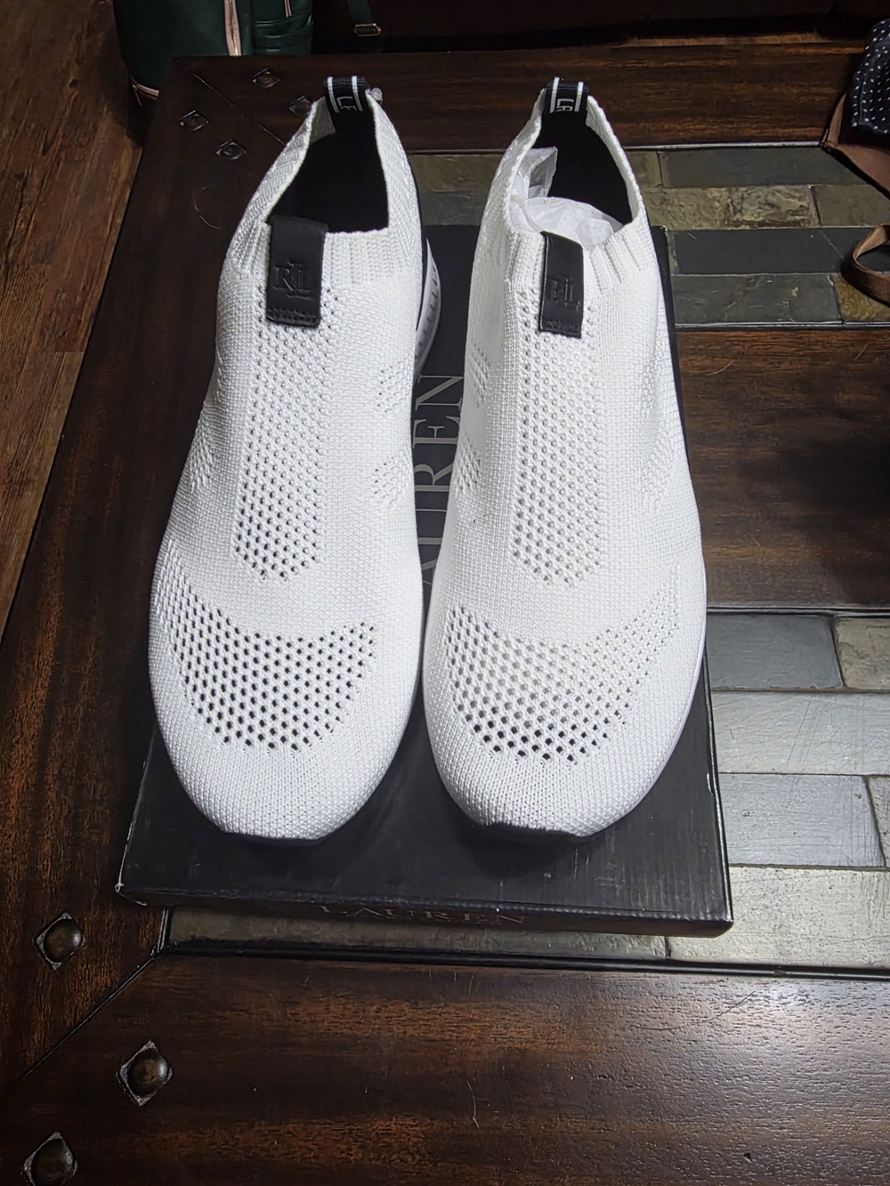 Ralph Lauren White Knit Slip-On Women's Sneakers with Black Pull Tabs
